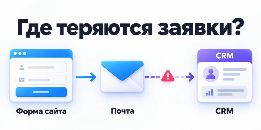 Схема передачи заявки с сайта через форму и почту в CRM с обозначением возможного сбоя